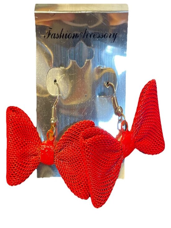 Fashion Accessory Jewelry - Red Mesh Bow Dangle Earrings Waffle Knit Fashion Jewelry Cute